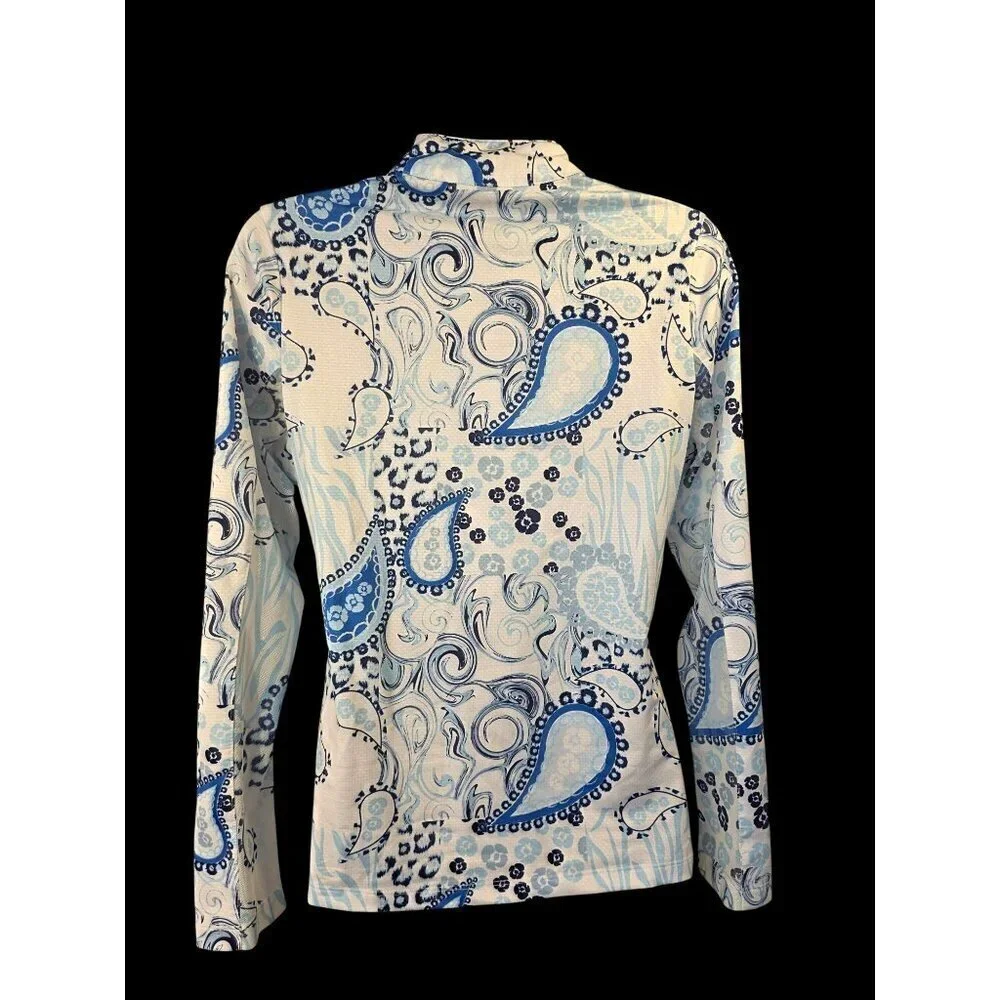 Gottex Sz XS Blue Paisley Rash Guard Sun Shirt Long Sleeve Zip Top Mesh Vent